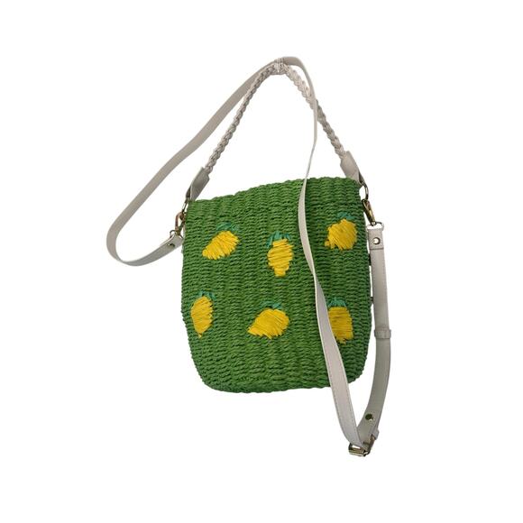 Anthropologie Raffia Green Yellow Lemon Embroidered Beachy Fruit Bucket Bag - Picture 7 of 7